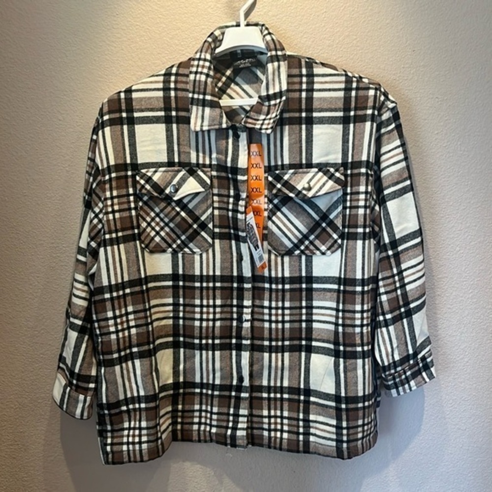 New Women’s HFX Women’s Plaid Black Brown Neutrals Shirt Jacket Shacket XXL